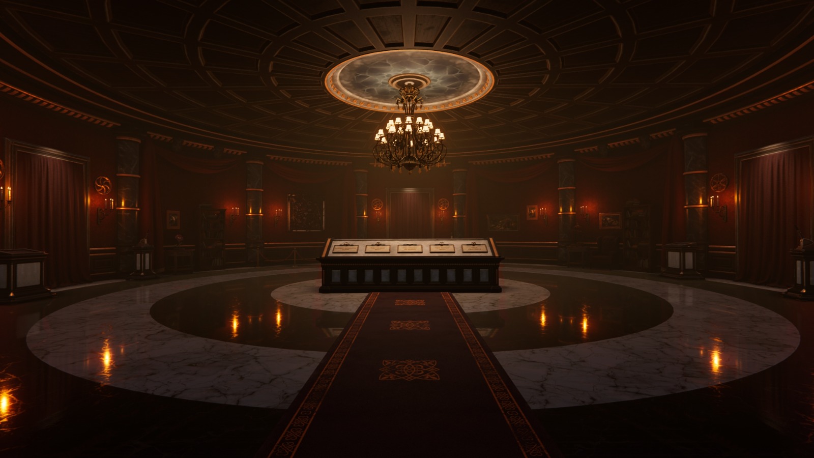 The Rotunda — a crimson and gold chamber beneath a chandelier