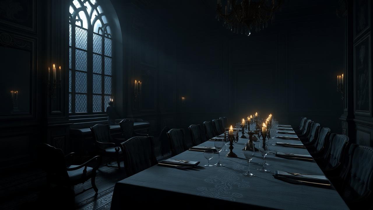 The dining hall set for guests who never arrive