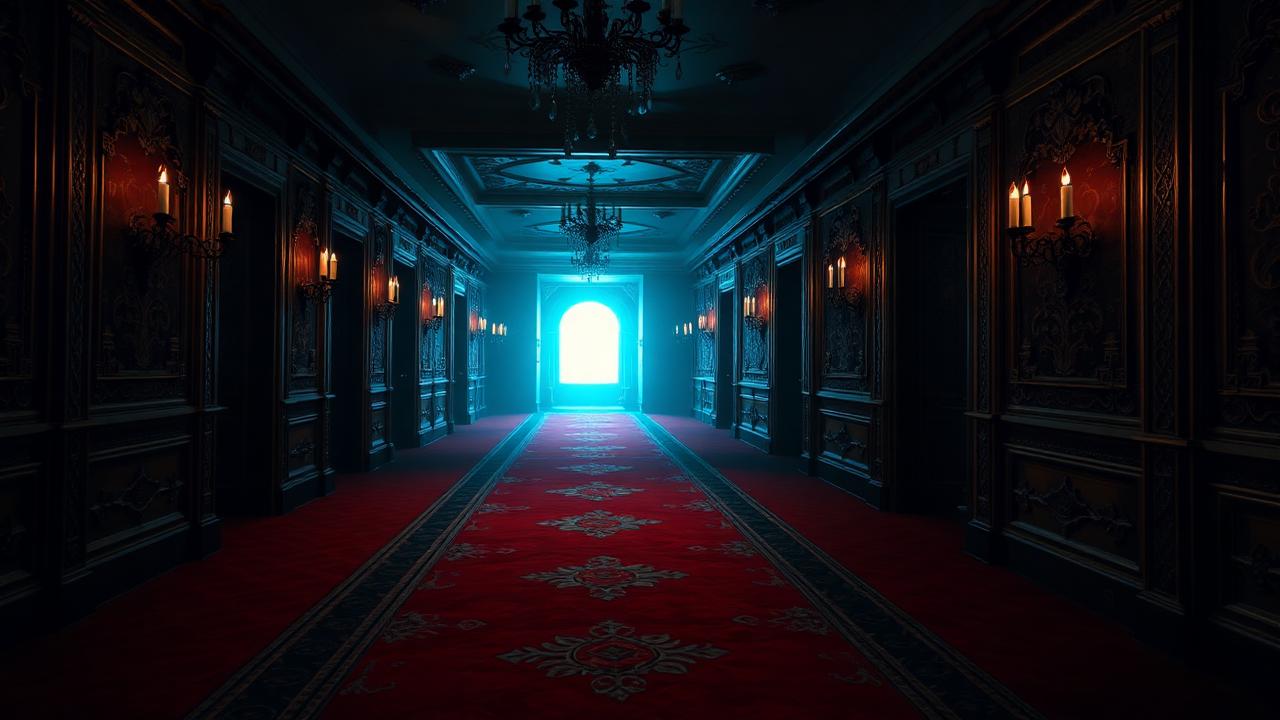 A candlelit corridor leading toward cold blue light