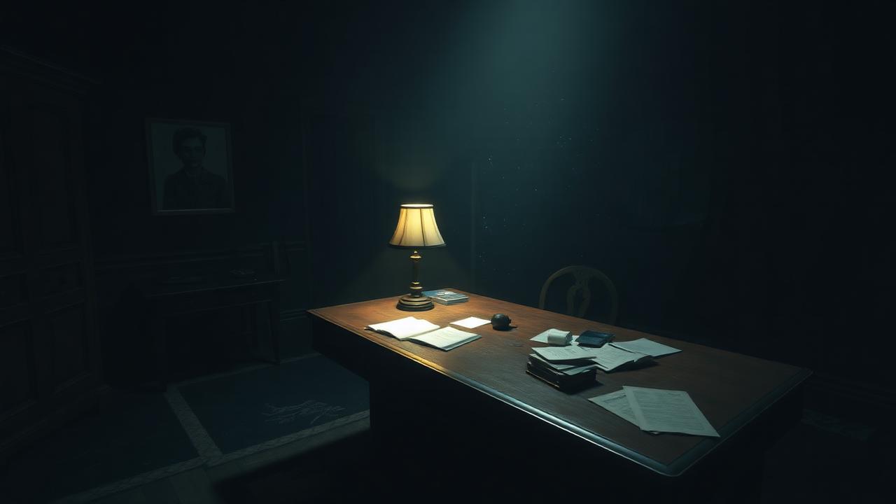 An abandoned study lit by a single desk lamp
