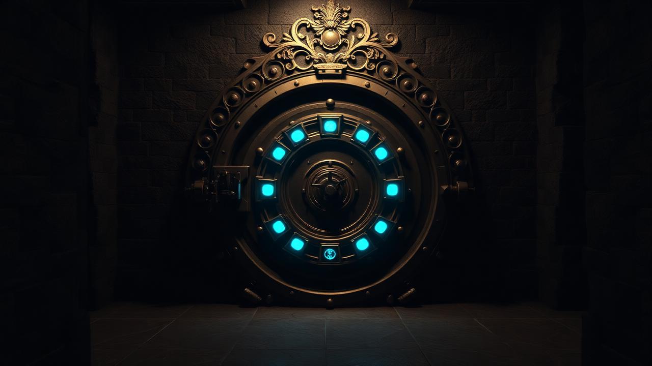 A sealed vault door with glowing locks