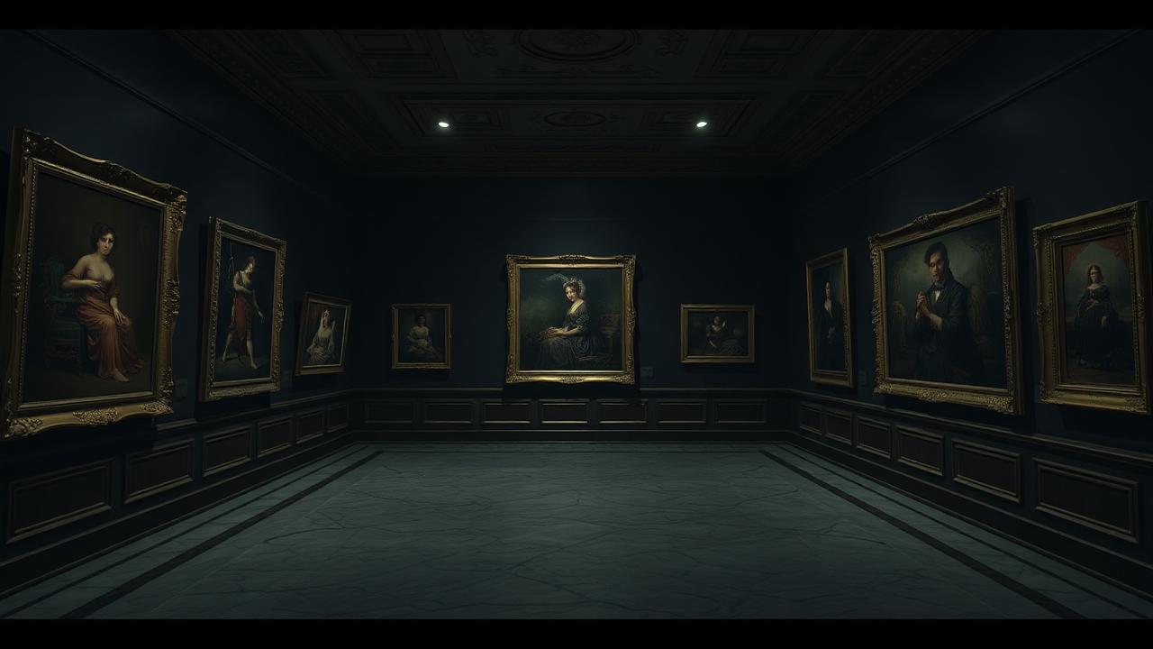 The portrait gallery under dim spotlights
