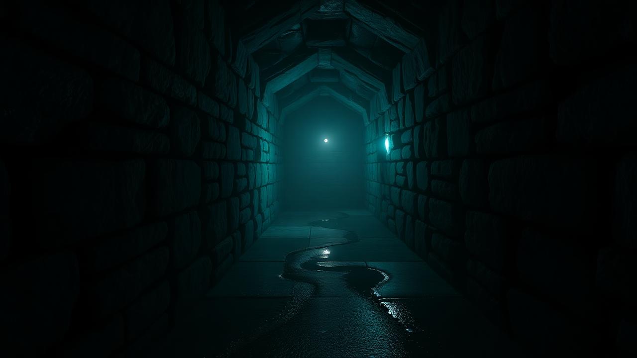 A narrow labyrinth passage in emergency light